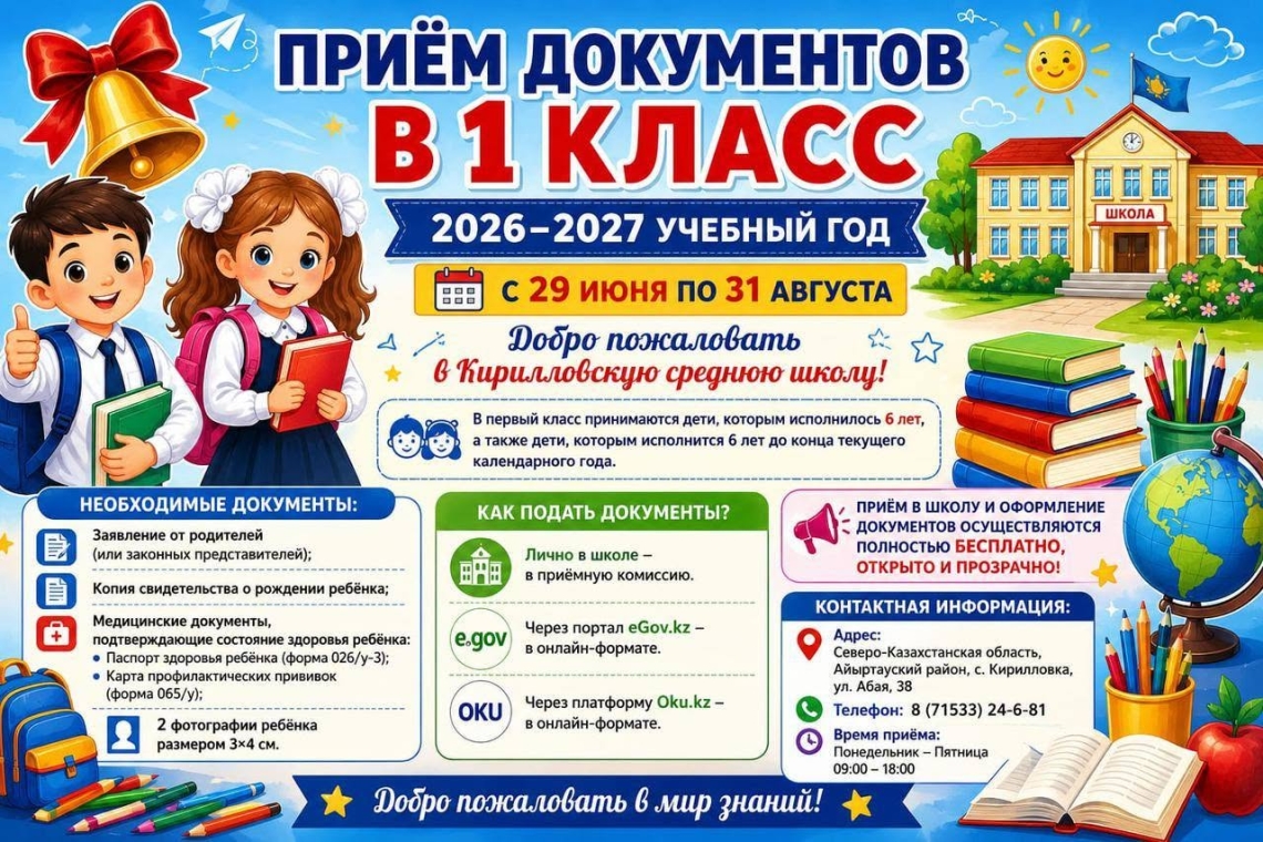 Начало приёма документов для зачисления детей в 1 класс на 2026–2027 учебный год.